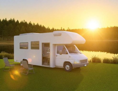 Ställplatser En campingbil står på gräset vid en sjö med soluppgång i bakgrunden.