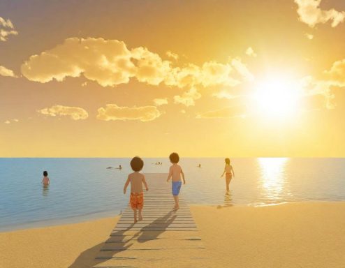 Badplatser Tre barn går mot havet i solnedgången, med vattnet glittrande i bakgrunden.